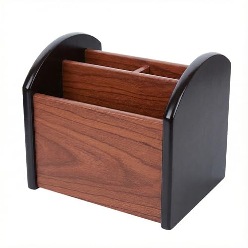 Wooden Desk Organizer with 4 Compartments, Remote Control Holder, Office Storage Caddy, 360-degree rotation Black and Brown Desk Organizer for Office Supplies
