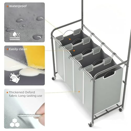 ROMOON Laundry Hamper Sorter Cart: 4 Section Organizer with Hanging Bar and Heavy-duty Lockable Wheels | 180L Rolling Laundry Basket with Clothes Rack in Laundry Room or Small Spaces (Grey) - color: grey