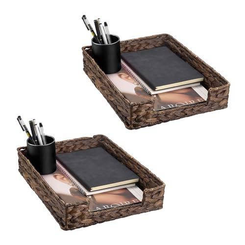 Set of 2 Water Hyacinth Letter Tray for A4 File Desk Mail Letter-Size Paper, Basket Woven Organizer, Magazine Files Storage, Office Document Organizer and Storage, Coffee - color: Coffee-2pack