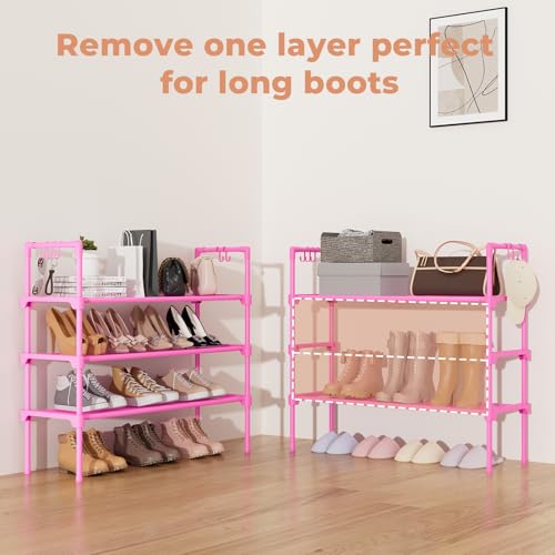 LANTEFUL 3 Tier Shoe Rack for Closet, Shoe Organizer with 5 Hooks, Long Shoe Shelf Storage for Shoe and Boot Stackable Free Standing Shoe Rack for Entryway, Garage, Small Spaces, Dorm, Pink - color: Pink, size: 27.8"W - 3 Tier