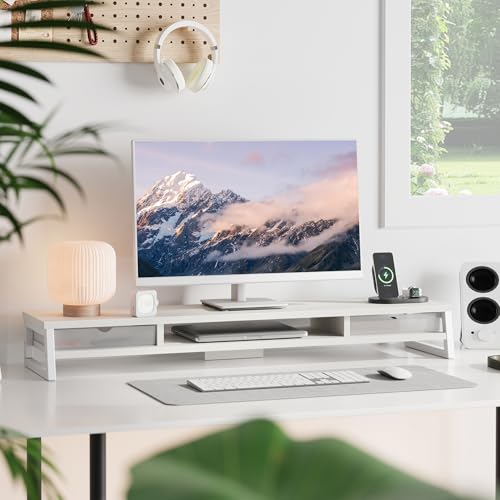 Fenge Dual Monitor Stand, Monitor Riser with Drawer, 42.5 Inch Large Computer Monitor Stand for 2 Monitors, 2 Tier Wooden Desk Shelf for Top of Desk - color: White