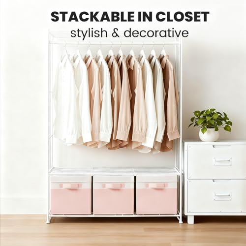 Large Closet Organizer Bins with Lids 8 Pack - Pink Storage Baskets for Shelves Nursery Bedroom Dorm RV - Stackable Decorative Closet Organization Box with Handles for Clothes Purse Blanket Towel - color: White with Pink, size: 8pcs-Large
