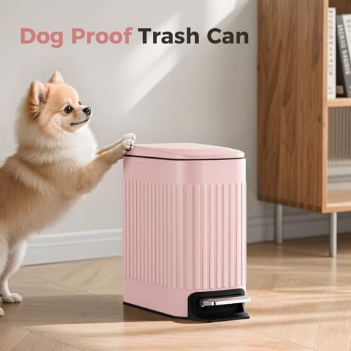 TrashAid Pink Bathroom Trash Can, 1.6 Gallon Stainless Steel Small Garbage Can with Lid, Step Pedal, Cute Wastebasket for Bathroom, Office, Bedroom, RV, Pink - color: Pink