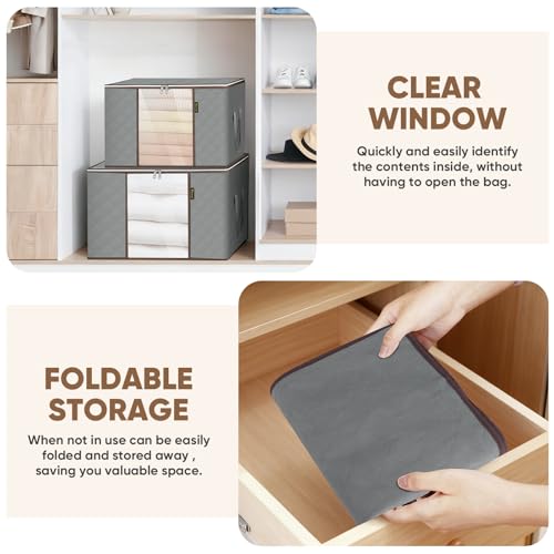BALEINE 3 Pack Clothes Storage Bags, 16 Gallon Storage Containers with Reinforced Handle, Sturdy Zipper, Closet Organizer for Blanket, Comforter, Pillow, Bedding (Grey, 3 Pack) - color: Grey, size: 3 Pack-16 Gallon