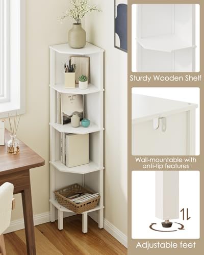 Corner Shelf, 5 Tier Corner Bookshelf, Display Corner Shelf Stand with Storage Rack, Wall Corner Bookshelf for Living Room, Bedroom, Office, White - color: White