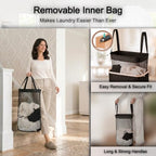 Slim Laundry Hamper with Lid, 60L Narrow Laundry Basket for Small Spaces, Collapsible Clothes Hamper with Bamboo Handles, Removable Inner Bag, Waterproof, Black