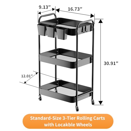 JAQ Makeup Carts, 3-Tier Metal Rolling Utility Storage Organizer Cart Shelf with Wheels for Craft Office Supplies Diapper Snack in Bathroom Kitchen Laundry Classroom Dorm -(3-Tier,Black - color: Black/3-tier, size: Need Assembly