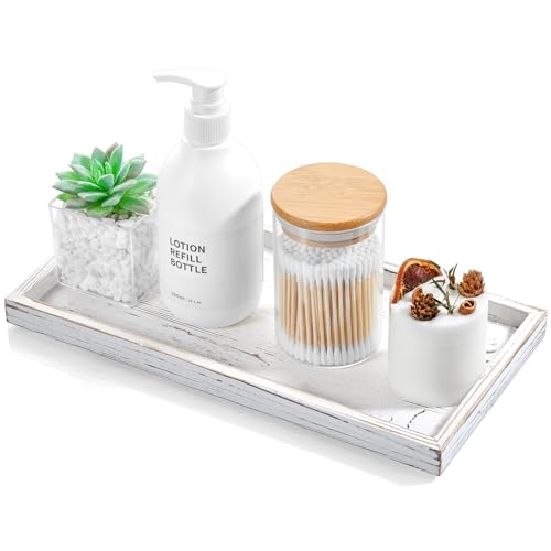 ALELION 11.7" White Bathroom Vanity Tray for Counter - Decorative Tray for Toilet Tank Makeup Perfume Jewelry Catchall Coffee Table - Wooden Kitchen Countertop Organizer for Soap Dispenser - color: Whitewashed, size: 6" x 0.8" x 11.7"