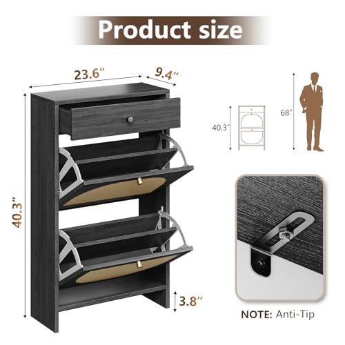 Nicetree Shoe Cabinet for Entryway, Slim Shoe Rack with 2 Flip Drawers and Top Storage Drawer, Narrow Shoe Organizer with Printed Rattan-Look Design, Entryway Shoe Storage for Size 12 Shoes, Black - color: Noir Black, style: 2 Flip Drawers with Top Drawer