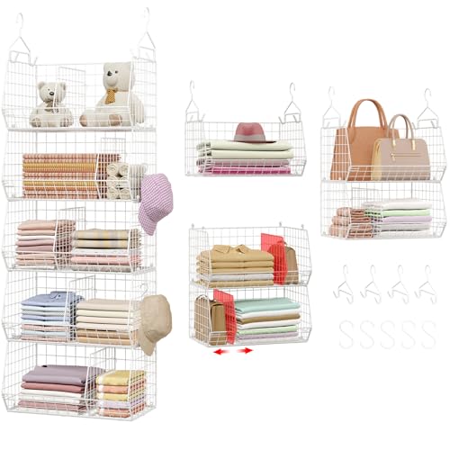 5 Tier Extra Large Closet Hanging Shelves with Divider,2 Pair Hook,16.5"L x 11.8"W x 51.4"H Closets Organizers and Storage,Clothes Organizer Clothing Sweaters Shoes Handbags Clutches Accessories-White - color: White, size: 5-Tier