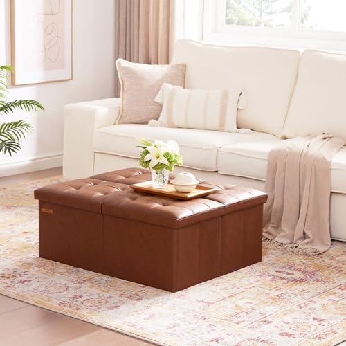 HAUSFRAU 31.5 Inches Ottoman with Storage, Folding Ottoman Bench Small Foot Rest Stool, Bedroom Bench with Flipping Lid, Faux Leather Retro Brown - color: Retro Brown, size: 13"D x 31.5"W x 13"H