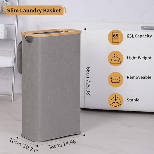 iEGrow 65L Slim Laundry Hamper, Narrow Laundry Basket with Lid,Foldable Clothes Hamper with Bamboo Handles,Hamper Basket with Removable Inner Bag for Laundry Room Bedroom College Dorm,17.17 Gals Grey - color: Grey, size: 65L