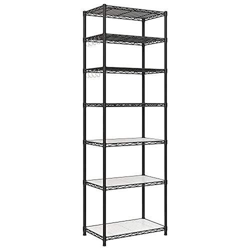 SONGMICS 7-Tier Storage Shelves, Wire Shelving Unit, Kitchen Metal Shelves, Storage Rack with Adjustable Shelves, Shelf Liners, 8 Hooks, for Garage, 13.4 x 23.2 x 70.9 Inches, Black ULGR067B01 - color: Ink Black, size: 7 Tiers (13.4"D x 23.2"W), style: Wi