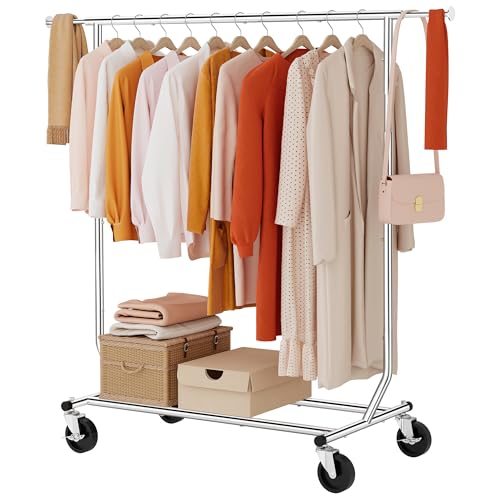 Tajsoon Clothing Rack Heavy Duty Clothes Racks Foldable Garment Rack with Wheels and Extendable Rod, Collapsible Clothing Rack Max Capacity 250lbs, Industrial Rolling Racks with Bottom Shelf, Chrome - style: Single Rod Commercial