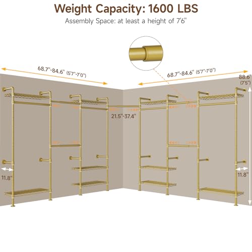 ONBRILL L7 Wall Mounted Industrial Pipe Clothing Rack – Heavy Duty Modular Closet System with 9 Hanging Rods ( 6 Expandable) & 10 Adjustable Shelves, Corner Garment Rack, Large Wardrobe - Gold - color: Gold