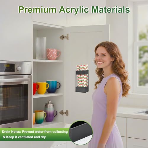 2 PACK Acrylic Straw Holder for Cabinet Doors, Reusable Straw Organizer with Ultra-Sticky Adhesive, Small Kitchen Accessories Container, Fits Both Short & Long Straws(Black) - color: Black