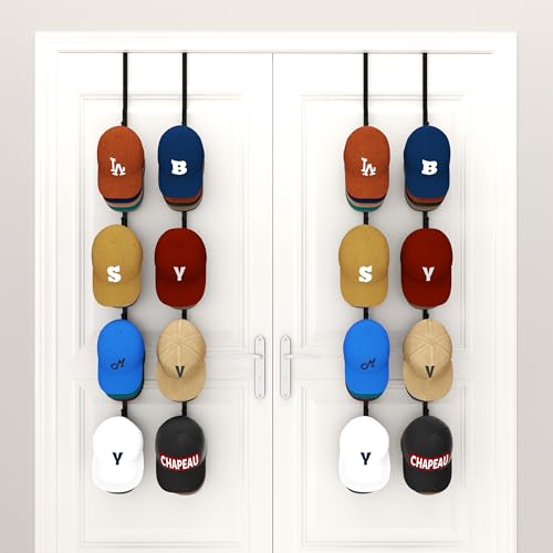 HapiRm Over Door Hat Rack - 4 Packs Metal Hanging Hat Organizer with 16 Hooks Design, Baseball Cap Hanger Organizer Storage Holds up to 80 Caps for Door, Bedroom, Closet - color: Black, size: 4 Pack