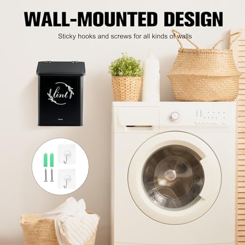 Magnetic Lint Bin for Laundry Room, Metal Lint Trash Can with Lid for Dryer, Wall Mounted Lint Holder Box with Lint Brush, Modern Farmhouse Laundry Room Decor, Black - color: Black
