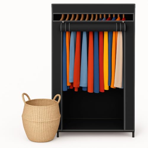 HOLDN’ STORAGE Portable Wardrobe Closet - 50 lb Capacity, Internal Heavy Duty Metal Rod, Zipper & Clear Window, Durable Clothes Organizer, Tool-Free Easy Assembly, Black Canvas Cover - color: Black, size: Medium