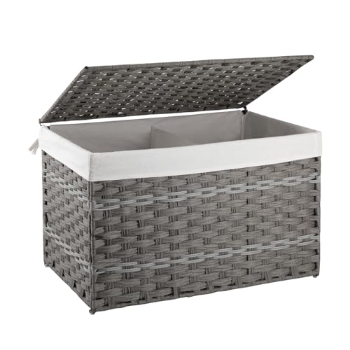 OIAHOMY Storage Basket with Lid, 27.7 Gallon (105L) Blanket Basket with Removable Liner Bag, Synthetic Wicker Hamper with Handle, Hamper for Living Room, Grey - color: Grey, size: 105L