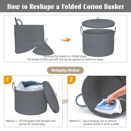 21" x 18" Extra Large storage baskets,Decorative blanket basket with lid for Living room,rope baskets with lid,wicker hamper for bedroom,Big,Round,Dark Grey - color: Dark Grey