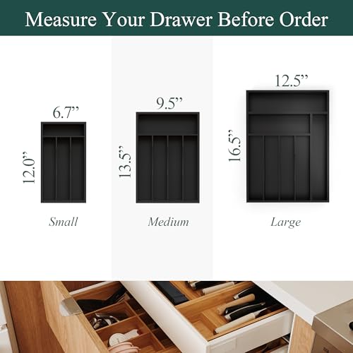 Small Silverware Organizer, Bamboo Kitchen Drawer Organizer, Utensil Holder, Cutlery Tray & Spoon Flatware Storage with Grooved Drawer Dividers (Black, 6.7''W x 12''D) - color: Black, size: 6.7''W x 12''D