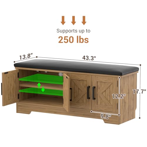 Farmhouse Shoe Storage Bench with Cushion - 43.3" Entryway Bench with Storage & 4 Barn Doors, 2-Tier Wooden Shoe Rack Bench, Shoe Cabinet & Mudroom Bench for Bedroom Hallway Living Room, Brown Oak - color: Greige