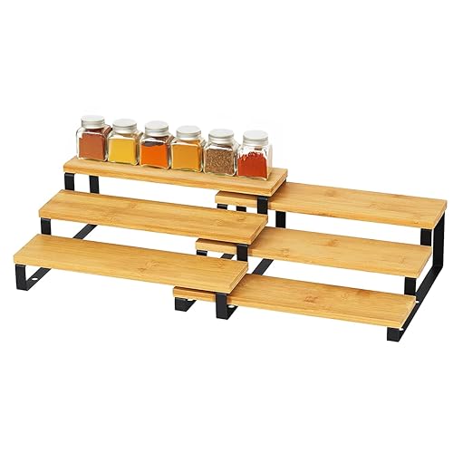 RoyalHouse Bamboo and Metal Expandable Spice Rack Organizer, Cabinet Shelf Organizers, 3-Tier Adjustable Kitchen Cabinet, Countertop Display Shelf, Space Organizer for Kitchen and Bathroom - color: Bamboo and Metal Spice Rack Pack of 1