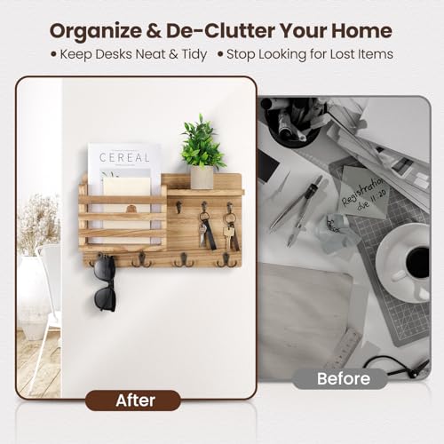 Nekon Mail Holder for Wall Mail Organizer with Key Hooks Hallway Farmhouse Decor Storage Racks with Floating Shelf and Flush Mount Hardware (16.8Inch x 10Inch x 3.2Inch) (Wood) - color: Wood