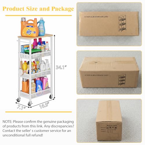 OKZEST Utility Slim Storage Cart, 4 Tier Small Rolling Kitchen Laundry Room Cart with Wood Top, Metal Narrow Bathroom Storage Cabinet Mobile Shelf Unit Organizer Trolley with Handle for Narrow Space - color: White, size: 7.1 inch wide