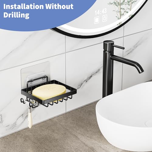 Moforoco Black Soap Dish, Soap Bar Holder for Shower, No Drilling Bathroom Accessories, Wall Mounted Soap Holder with Hooks, Shower Rack Tray Bar for Suitable for Bathroom, Kitchen Sink - color: Black, size: 1-T