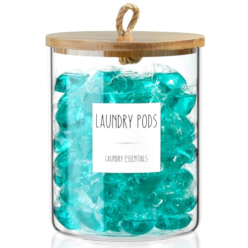 Glass Laundry Pods Container, Half Gallon 2 Liter Laundry Jars with Wood Lids for Laundry Room Organization and Storage, Powder Detergent Holder for Laundry Room Decor and Accessories