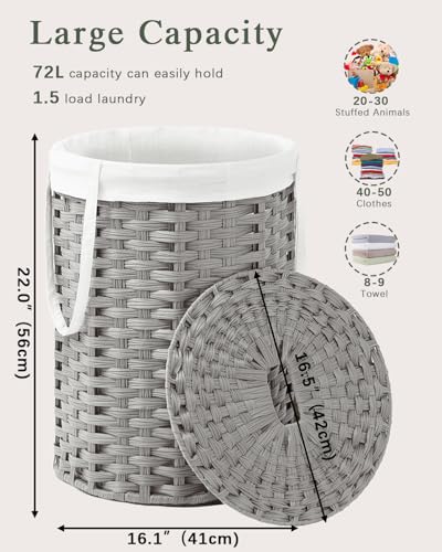 SETVSON Laundry Hamper with Lid Laundry Basket with Lid 19.0 Gal (72 L) Round Laundry Basket Handwoven Rattan Basket with Lid Removable Bag 2 Mesh Bags Handles for Living Room Bathroom Gray - color: Gray, size: 72L