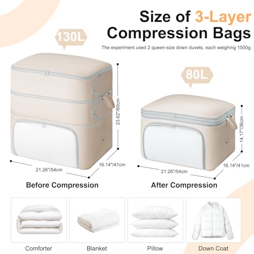 Comforter Storage Bag - 130L Blanket Storage Bags Front-opening Ultra Space Saving Self Compression Organizer, Washable Compression Bags for Storage Comforter Blanket, 2 Pack, Beige - color: Beige, size: 2 Pack - 3-Layer