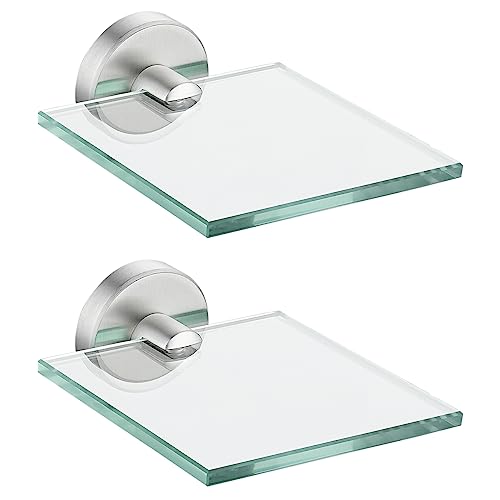 JQK Small Floating Glass Shelves Brushed, 4 Inch Display Ledges for Wall, Mini Decor, Living Room Bedroom Bathroom, Tempered Glass Shower Storage, 2 Pack, TGS101L4-BN-P2 - color: Brushed, size: 4 Inch (2 Pack)