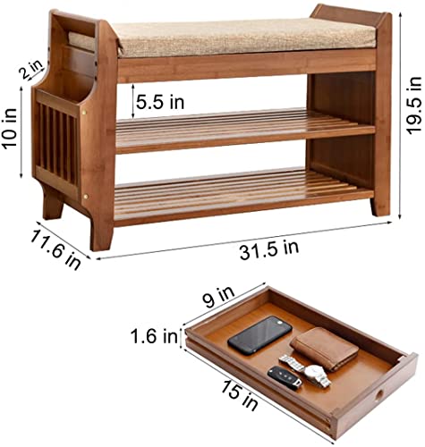 PETKABOO 2 Tier Shoe Bench, Bamboo Shoe Rack Bench, Shoe Storage Bench Organizer for Entryway Hallway Living Room - size: 31.5 in