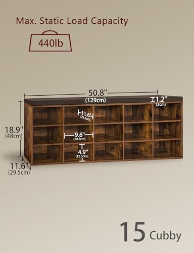 DINZI LVJ Shoe Storage Bench with Cushion, 15-Cubby Rack, Adjustable Shelves, Long Organizer Bench for Entryway, Mudroom, Hallway, Living Room, Bedroom and Garage, Rustic Brown - color: Rustic Brown, size: 15 Cubby