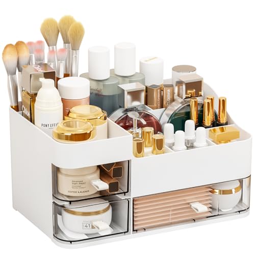 SuoXing White Make up Organizers for Vanity,Large Plastic Bathroom Counter Organizer With Drawers,Skincare Organizers and Cosmetic Storage for Dresser Top Skin Care,Beauty Products and Brush Holder - color: White