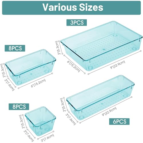 WOWBOX 25 PCS Plastic Drawer Organizer Set, 4 Sizes Desk Drawer Divider Organizers and Storage Bins for Makeup, Jewelry, Gadgets for Kitchen, Bedroom, Bathroom, Office, Sea Blue - color: Sea Blue