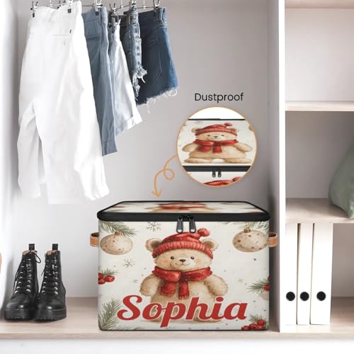Custom Storage Basket with Name, Personalized Storage Bins with Zipper Lid, Foldable Fabric Storage Box Large capacity with Handle Bear Red Hat Scarf - color: Option 16