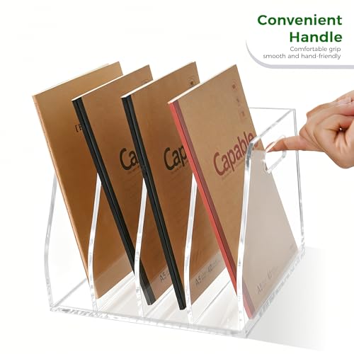 Acrylic File Folder Holder for Desk with Handles, 4-Slot Clear Desk Organizers and Accessories, Vertical Magazine File Sorter & Binder Holder, Desktop Book Organizer for Office, School & Home - size: 4 Sections, B5(With Handle)