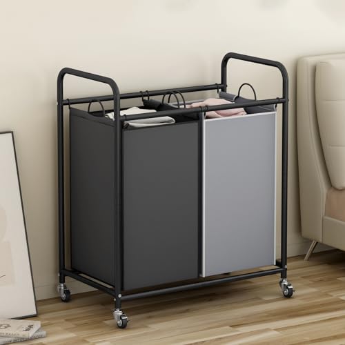 SUOERNUO Laundry Hamper Basket 2 Bag Laundry Sorter Cart with Rolling Lockable Wheels and Removable Bags Laundry Organizer Cart for Clothes Storage - color: Black+Grey, size: 2 Bags