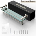 24-Inch Modern Wall-Mounted Bathroom Glass Shelf with 1 Shelf, Brushed Nickel, 1 Towel Bar, 45 lbs Weight Capacity - color: Brushed Nickel, size: 24-inch with Railing