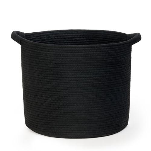 Blanket Basket - Woven Round Rope Storage Basket (16"Wx14"H) for Blankets & Throws, Small Laundry & Toy Organizer, Decorative Living Room & Bedroom Cotton Basket - Black - color: Black, size: Regular-16"Wx14"H