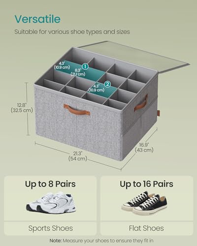 SONGMICS Shoe Organizer for Closet, Shoe Storage Bin, Fits 16 Pairs, Fabric Container with Handles and Clear Cover, Adjustable Dividers, Customizable, Dove Gray ULSP555G01 - color: Dove Gray, size: 1 Pack