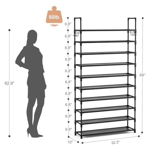 VTRIN 10 Tier Shoe Rack Tall Large Capacity Wide Shoe Organizer with Two Hooks Sturdy Metal Shoe Shelf for Entryway, Closet, Bedroom - color: Black, size: 32.3" Wide - 10 Tier
