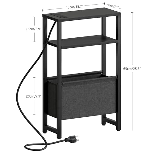 Narrow Side Table with Charging Station, Slim End Table with Magazine Rack, Bedside Table for Small Spaces, 3 Tier Sofa Couch Table Nightstand for Living Room, Bedroom, Black LET503BE - color: Black