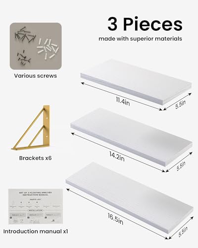 BAYKA Wall Shelves for Bedroom Decor, Floating Wall Shelves for Living Room Kitchen Storage, Wall Mounted Rustic Wood Shelves for Kids Books,Corner Shelves for Bathroom(White and Gold，Set of 3) - color: B. White Board & Gold Brackets, size: 16-inch Mixed