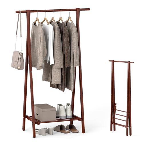 Tangkula Folding Rubber Wood Clothes Hanging Rack, Standing Garment Rack with Bottom Storage Shelf, Portable Clothing Organizer for Bedroom and Entryway (Walnut)