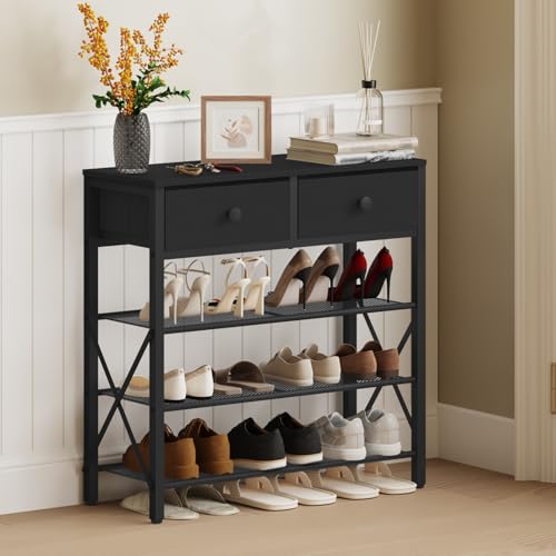 YATINEY 4 Tier Shoe Rack, Large Capacity Shoe Storage Organizer, Metal Shoe Shelf with Drawer and Wooden Top, for 16 Pairs of Shoes, for Entryway, Closet, Black SS24BB - color: Black, size: 27.7" x 10.8" x 29.6"